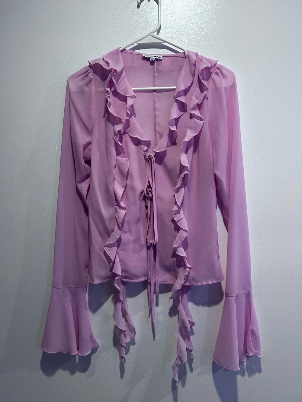 Ruffled Tie-Front Long-Sleeve Top in Lavender